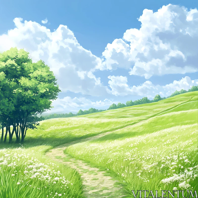 AI ART Tranquil Grassy Field under Cloudy Sky