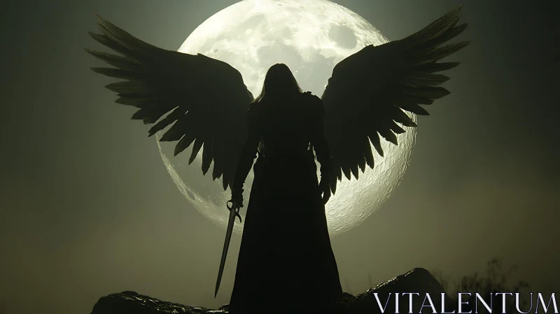 Moonlit Angel with Sword Silhouette AI Image