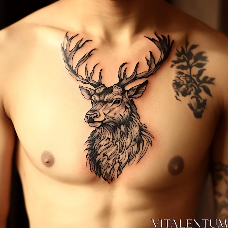 Black Ink Deer Chest Tattoo AI Image