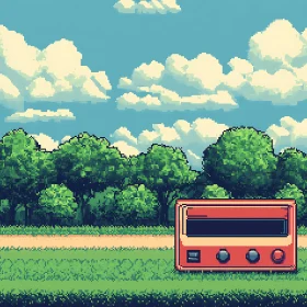 Retro Cassette Player in Pixelated Nature