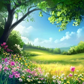 Sunlit Floral Meadow: A Natural Landscape Painting