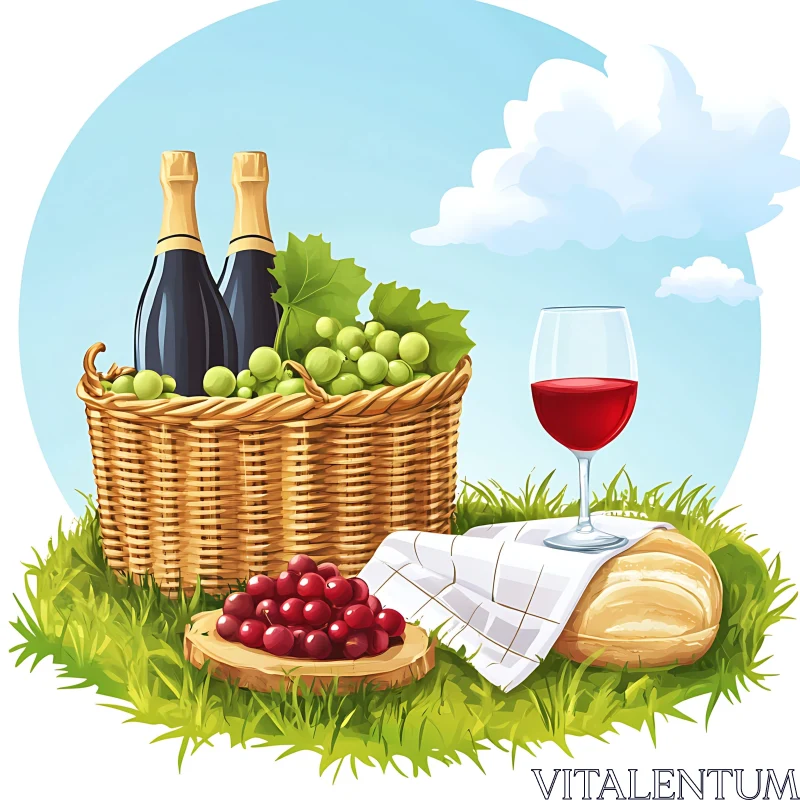 Perfect Picnic with Wine and Fresh Grapes AI Image