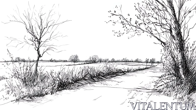 Black and White Countryside Illustration AI Image