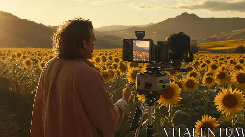 AI ART Man Photographing Sunflowers in Field