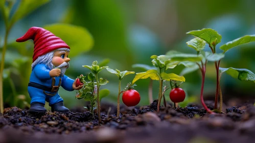 Whimsical Gnome with Miniature Tomato Plants