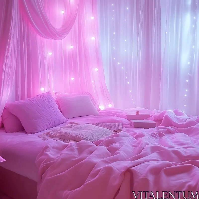 Cozy Bedroom with Pink Curtains AI Image