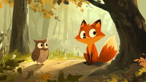 Cartoon Fox and Owl Friends