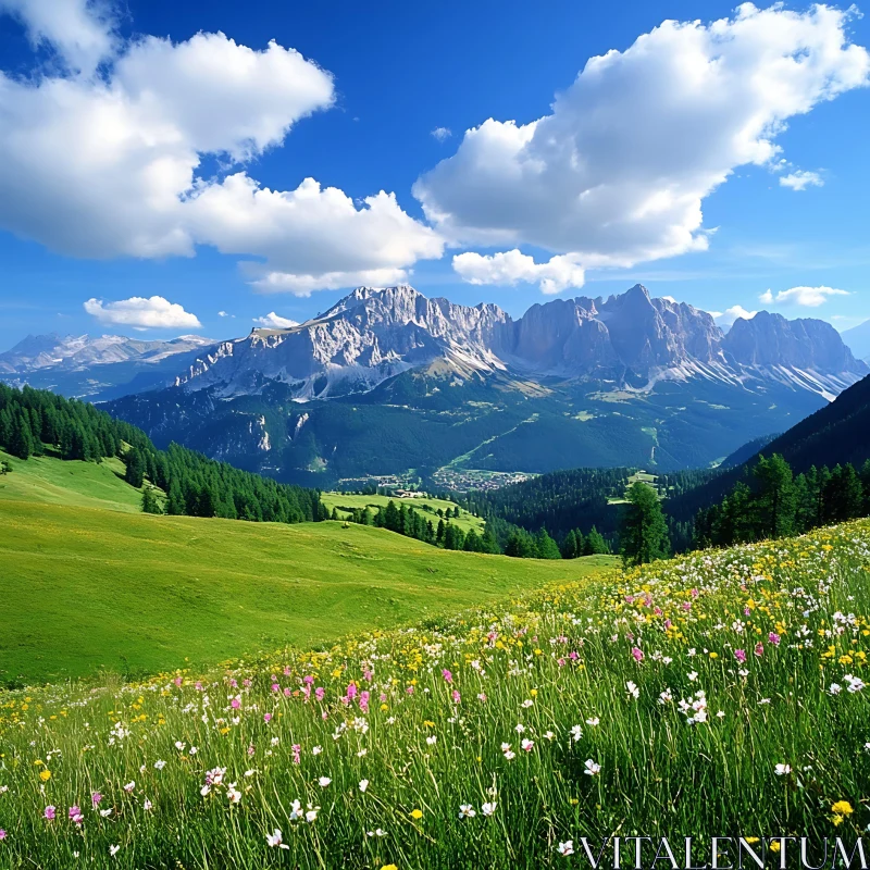 AI ART Mountain Landscape with Blooming Meadow