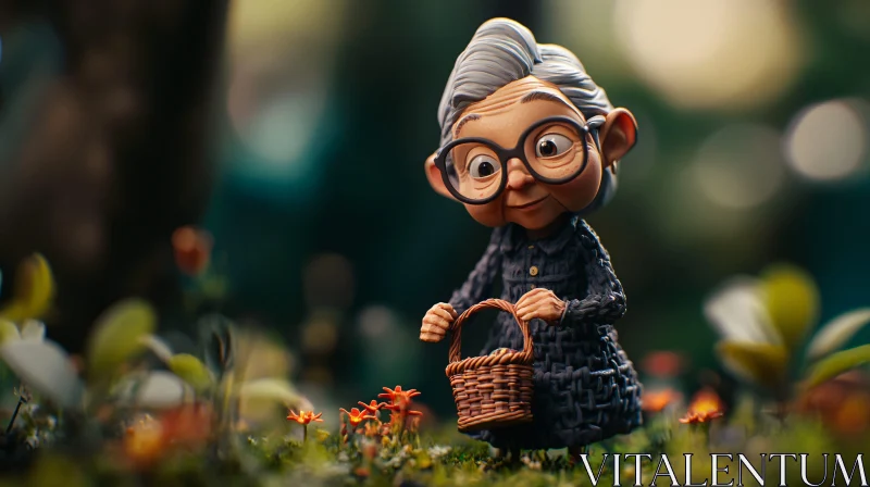 Quirky Grandma with Basket in Flower Field AI Image