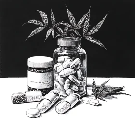 Glass Bottles with Pills and Leaves Artwork