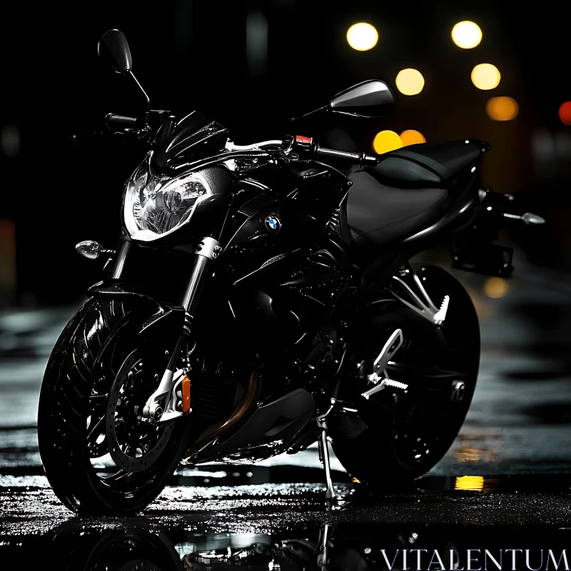 Night Scene of a Motorcycle on Wet Road AI Image