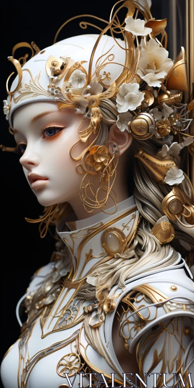 Intricate Surreal Figure with Gold and Floral Ornamentation AI Image