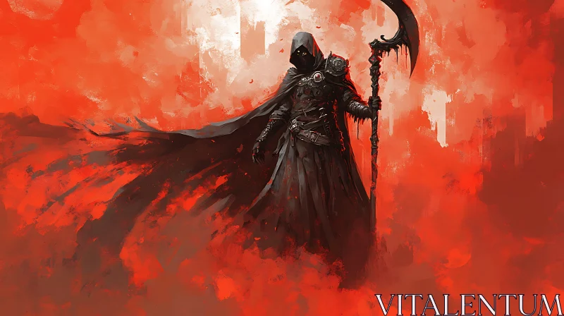 AI ART Hooded Warrior with Scythe in Red