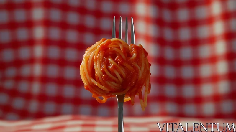 Italian Spaghetti on Fork with Red and White Checkered Pattern AI Image