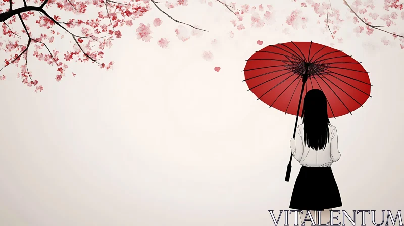 Red Umbrella and Cherry Blossoms AI Image