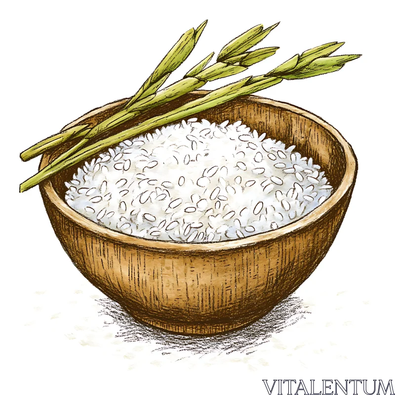 Wooden Bowl of White Rice with Rice Stalks AI Image