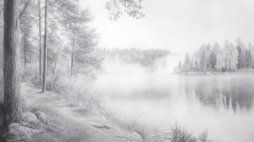 Serene Lake and Forest Pencil Sketch