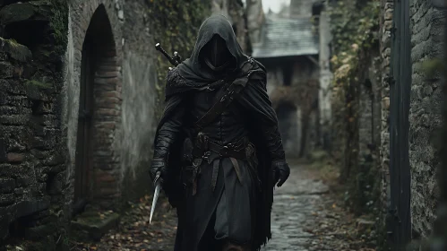 Dark Figure with Dagger in Medieval Setting