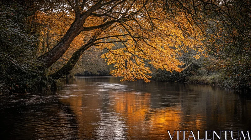 AI ART Tranquil Fall Landscape with Reflective Waters