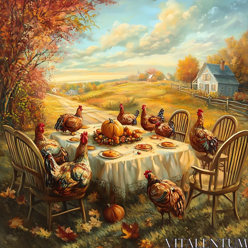 Autumn Gathering: Chickens Celebrate Thanksgiving AI Image