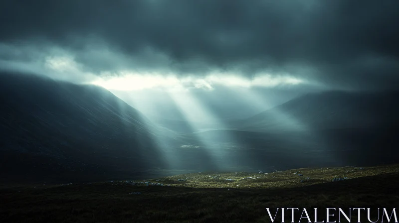 AI ART Sun Rays Piercing Through Dark Clouds in Scenic Valley