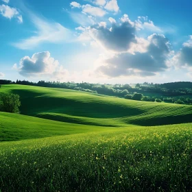 Lush Green Field with Cloudy Blue Sky