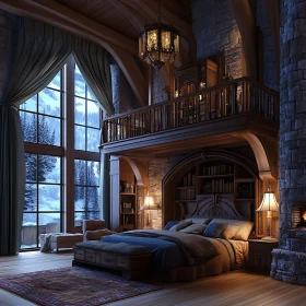 Cozy Bedroom Interior with Winter Scenery