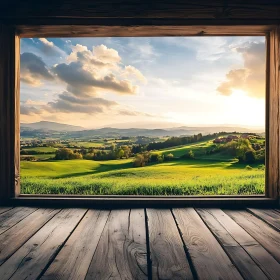 Pastoral Landscape Framed by Rustic Window