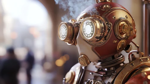 Detailed Brass Steampunk Robot Close-up