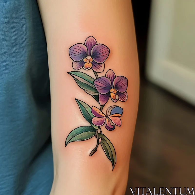 Exquisite Purple Floral Tattoo on Inner Arm AI Image