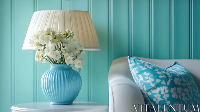 Still Life with Blue Vase and White Flowers AI Image