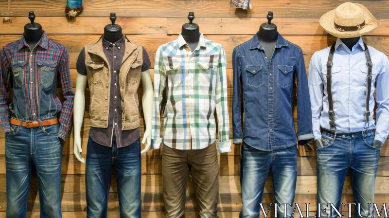 Fashion Art: Five Mannequins in Casual Clothes Against Wooden Background AI Image