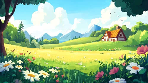 Scenic Meadow with House and Mountains