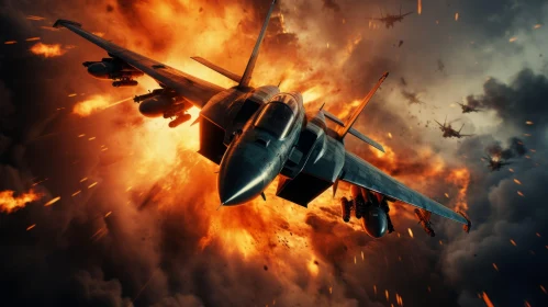 Intense Fighter Jet Scene Amidst Smoke and Fire
