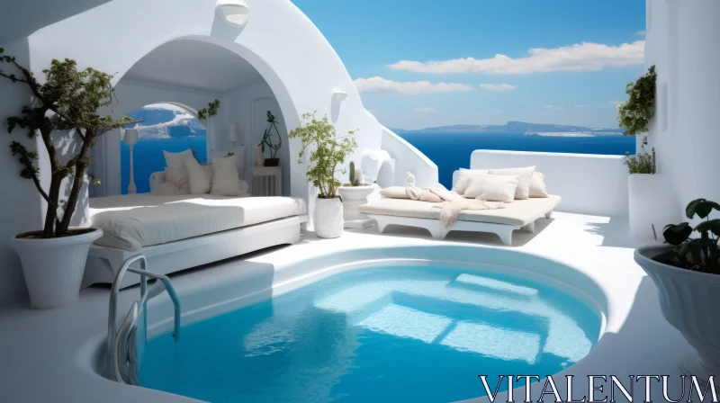 Romantic White Building with Pool and Cozy Couches AI Image