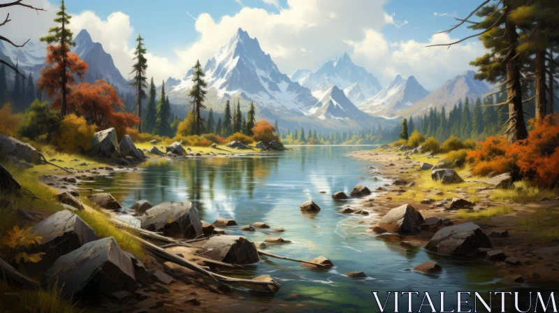 Scenic Mountain River - Detailed 2D Game Art Style Painting AI Image