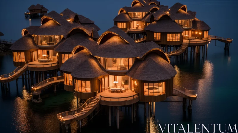 Serene Night Scene of Floating Treehouses with Opulent Architecture AI Image