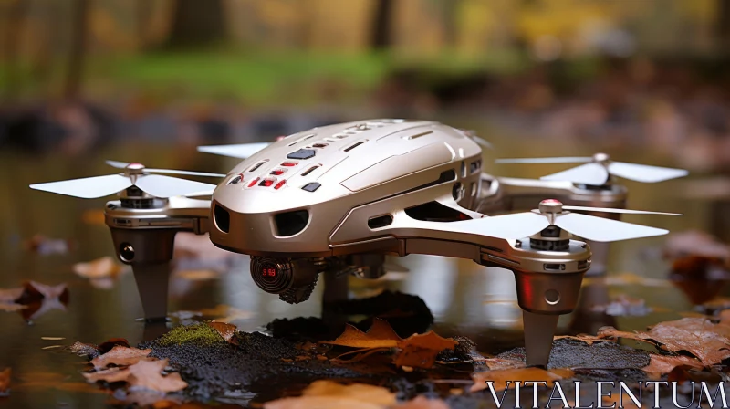 Silver Futuristic Drone Amidst Autumn Leaves AI Image