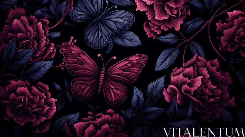 Vintage Floral Pattern with Butterflies in Chiaroscuro Style AI Image