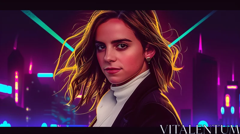 AI ART Emma Watson Portrait with Neon City Background