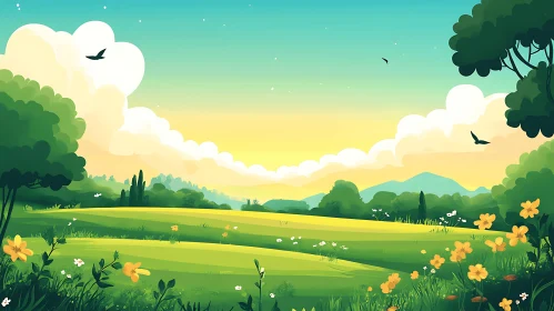 Scenic Green Field with Birds