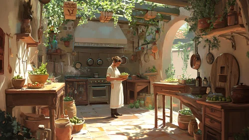 Rustic Kitchen Scene with Cook