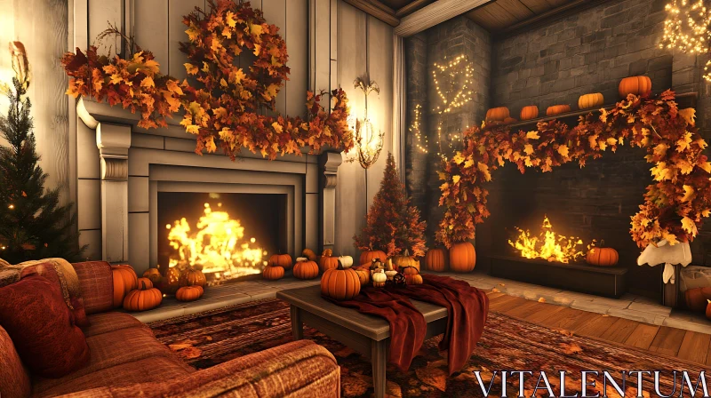 AI ART Warm Autumn Interior with Fireplace and Pumpkins