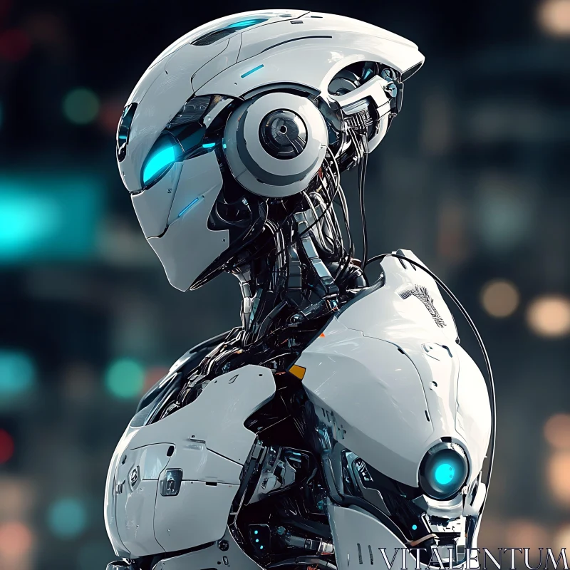 Advanced White Cyborg with Blue Glowing Eyes AI Image