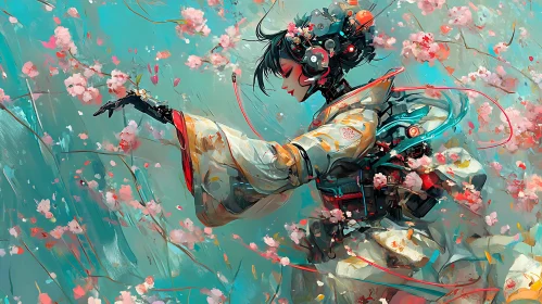 Futuristic Cyborg in Kimono with Cherry Blossoms