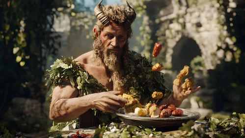 Horned Faun Enjoying a Meal Outdoors