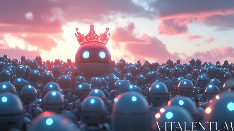 Crowned Robot Among Many, Sunset Sky AI Image