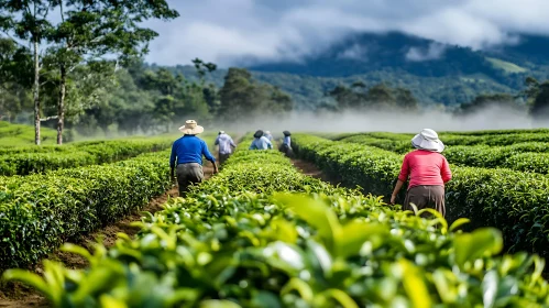Green Field with Workers and Mountain