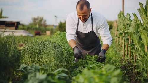 Man Harvesting Vegetables in Garden