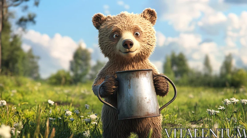 AI ART Meadow Bear Cub with Watering Pot